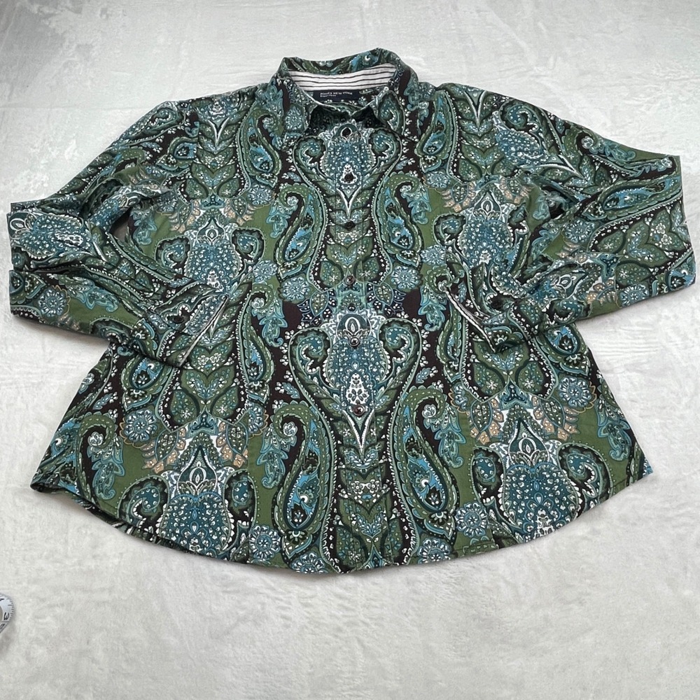 Jones New York Signature Womens Green Paisley Cotton Button Down Shirt L  Office